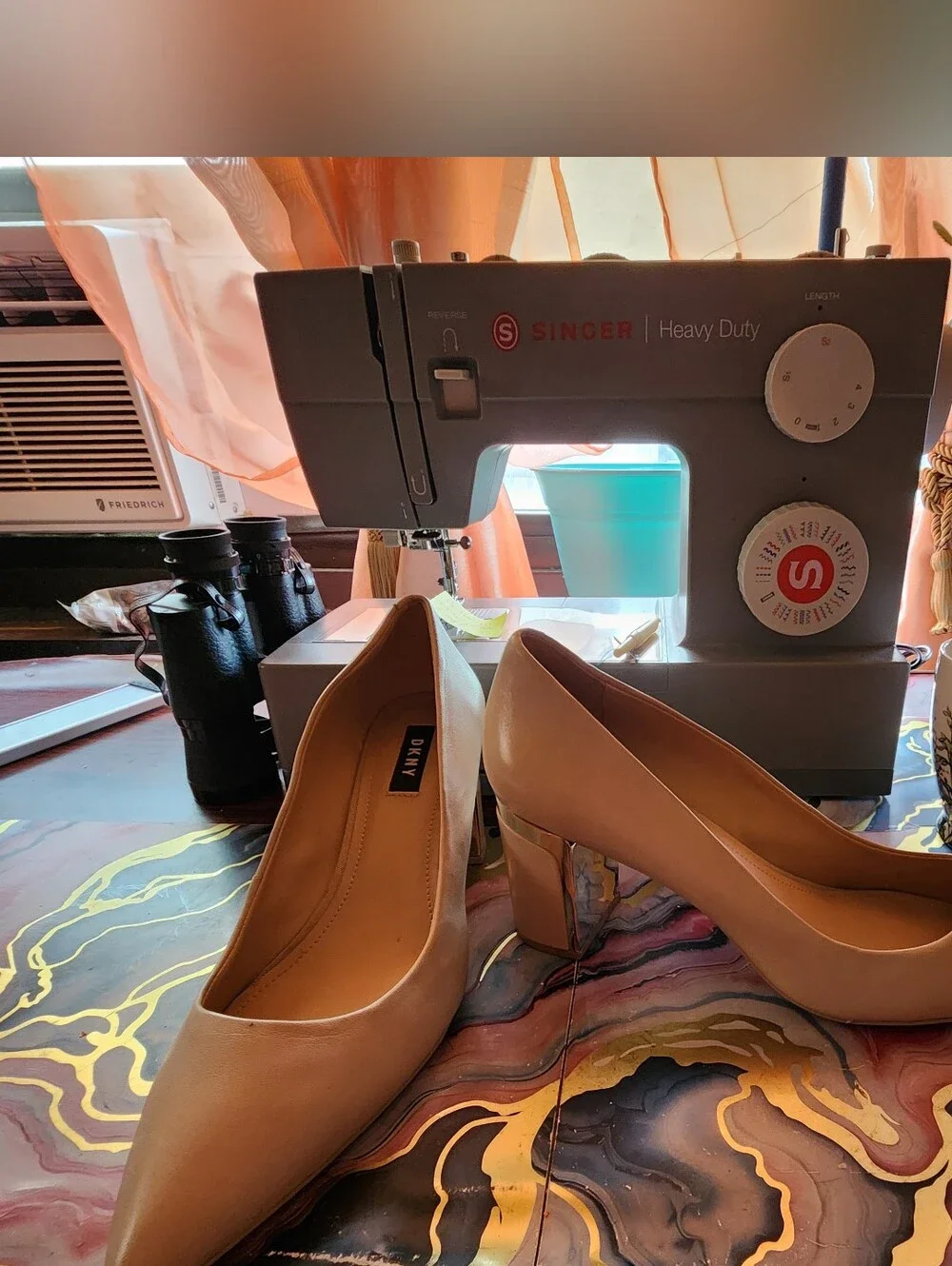 DKNY Tan Block Heel Pumps with Gold M Metal Plate Trim Logo Band